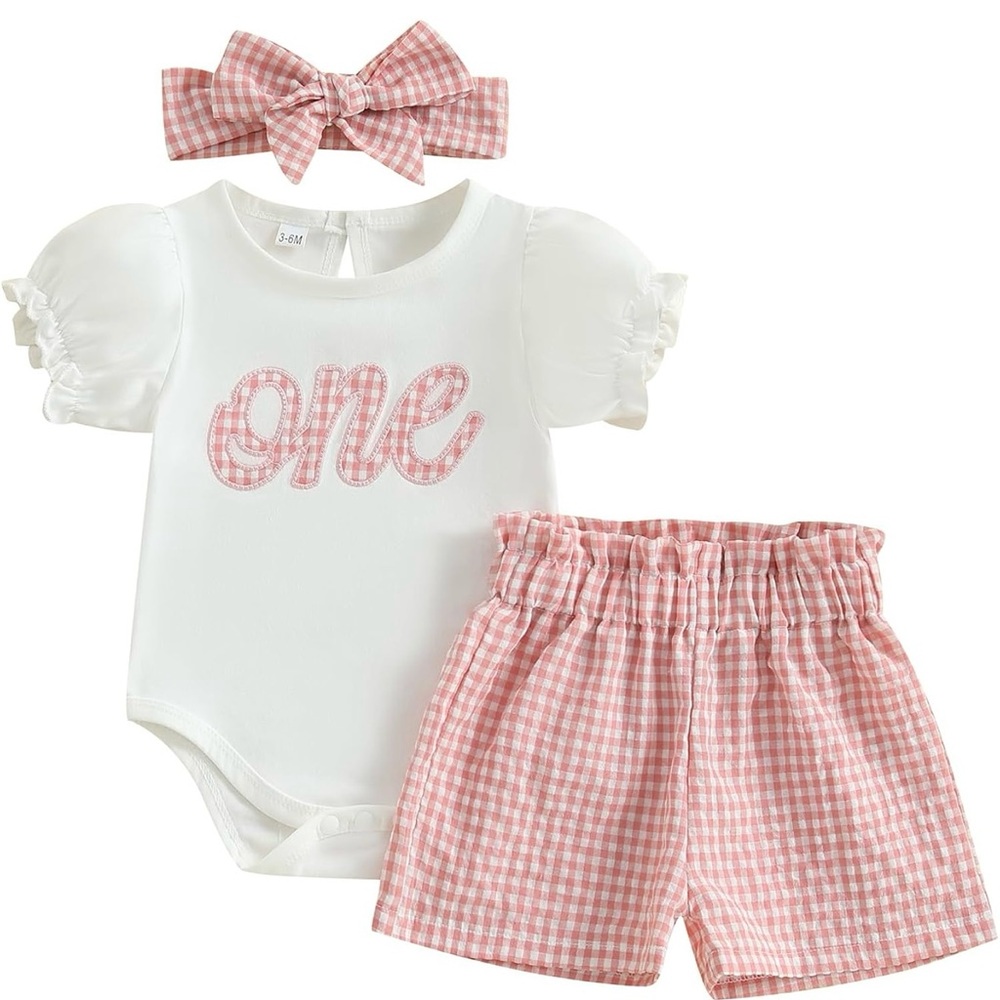 First Birthday Pink Gingham Baby Outfit Set